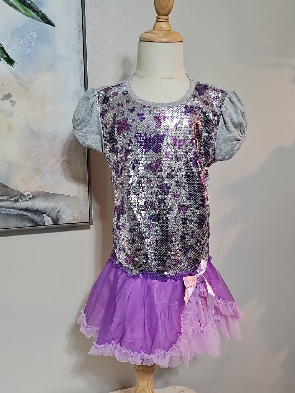 🦋 Beautees Silver & Purple Sequin Butterfly Tutu Dress Size 6 EUC